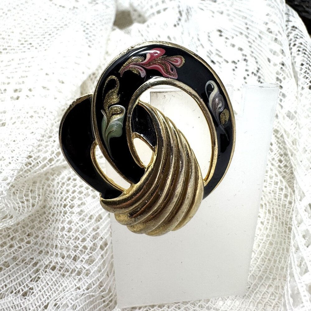 Vintage Gold-Tone & Black Enamel Brooch With Hand-Painted Floral Design